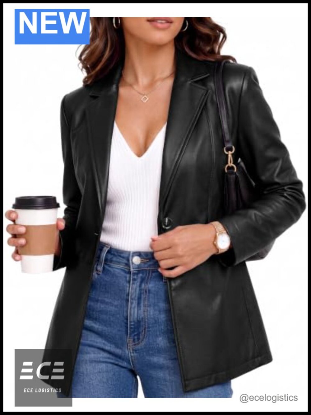 Faux Leather Blazer Suit Jacket Lightly Fitted Women's Business Casual